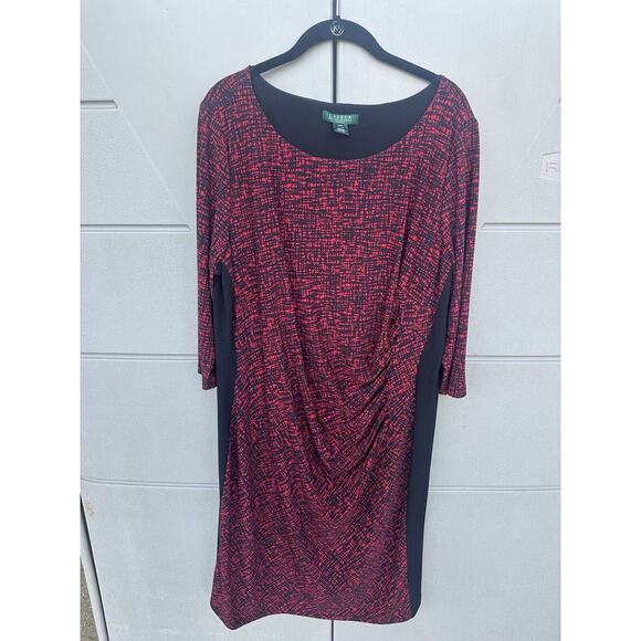 Ralph Lauren Sheath Dress SZ 20W Red Black Print Jersey Knit Ruched Gathered - Picture 3 of 11